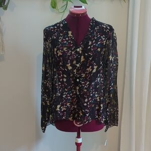 My Made In Italy/ 30 % Silk Button-Front Black Multicolor Printed Blouse / M